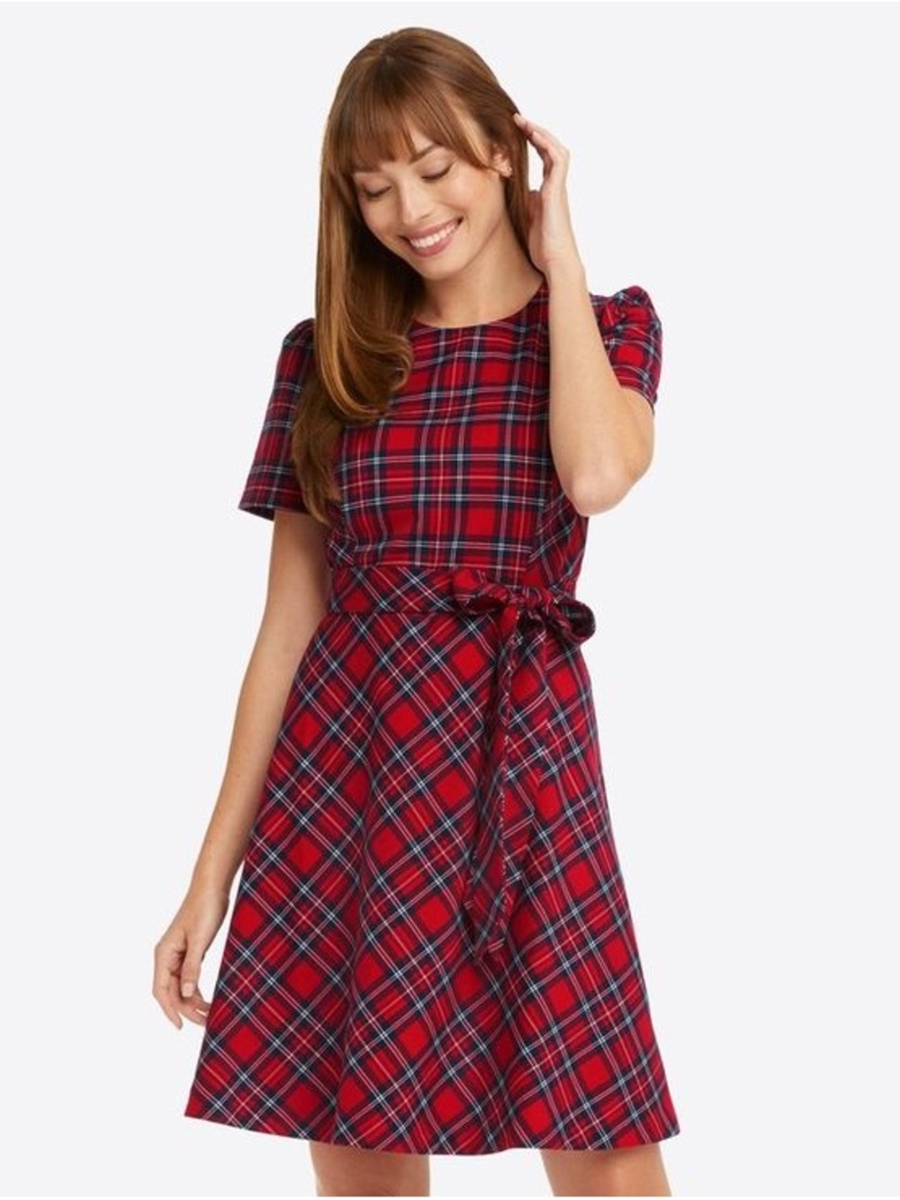 Draper James Red Tartan Plaid Fit Flare Dress Belted Short Sleeve Holiday
